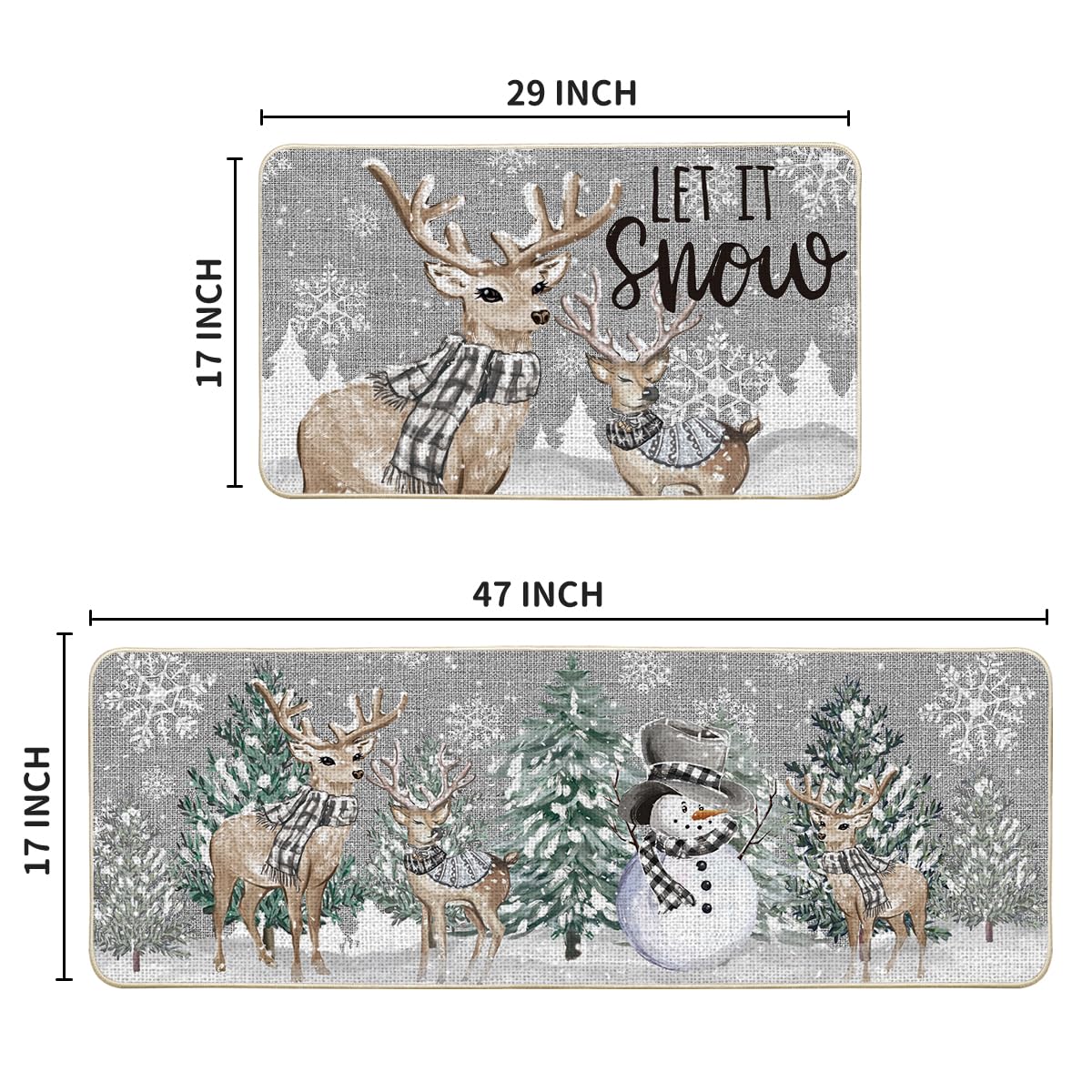 Artoid Mode Deer Tree Let It Sonw Snowflakes Christmas Kitchen Mats Set of 2, Winter Decor Low-Profile Kitchen Rugs for Floor - 17x29 and 17x47 Inch