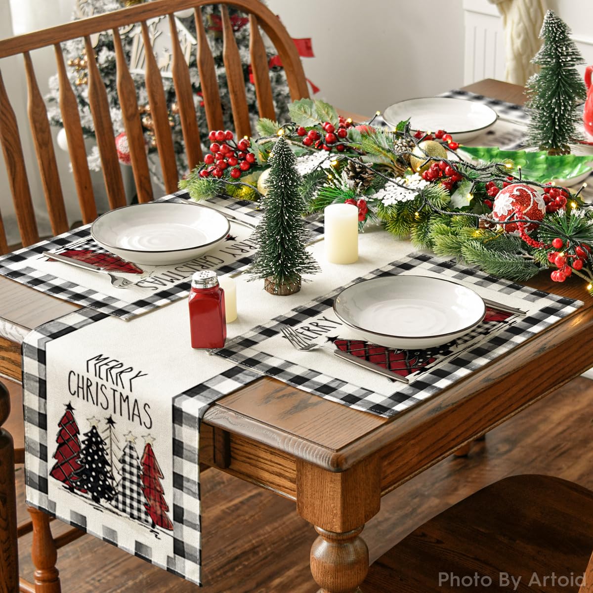 Artoid Mode Waterclor Buffalo Plaid Christmas Trees Placemats Set of 4, 12x18 Inch Winter Table Mats for Outdoor Home Party Kitchen Dining Decor