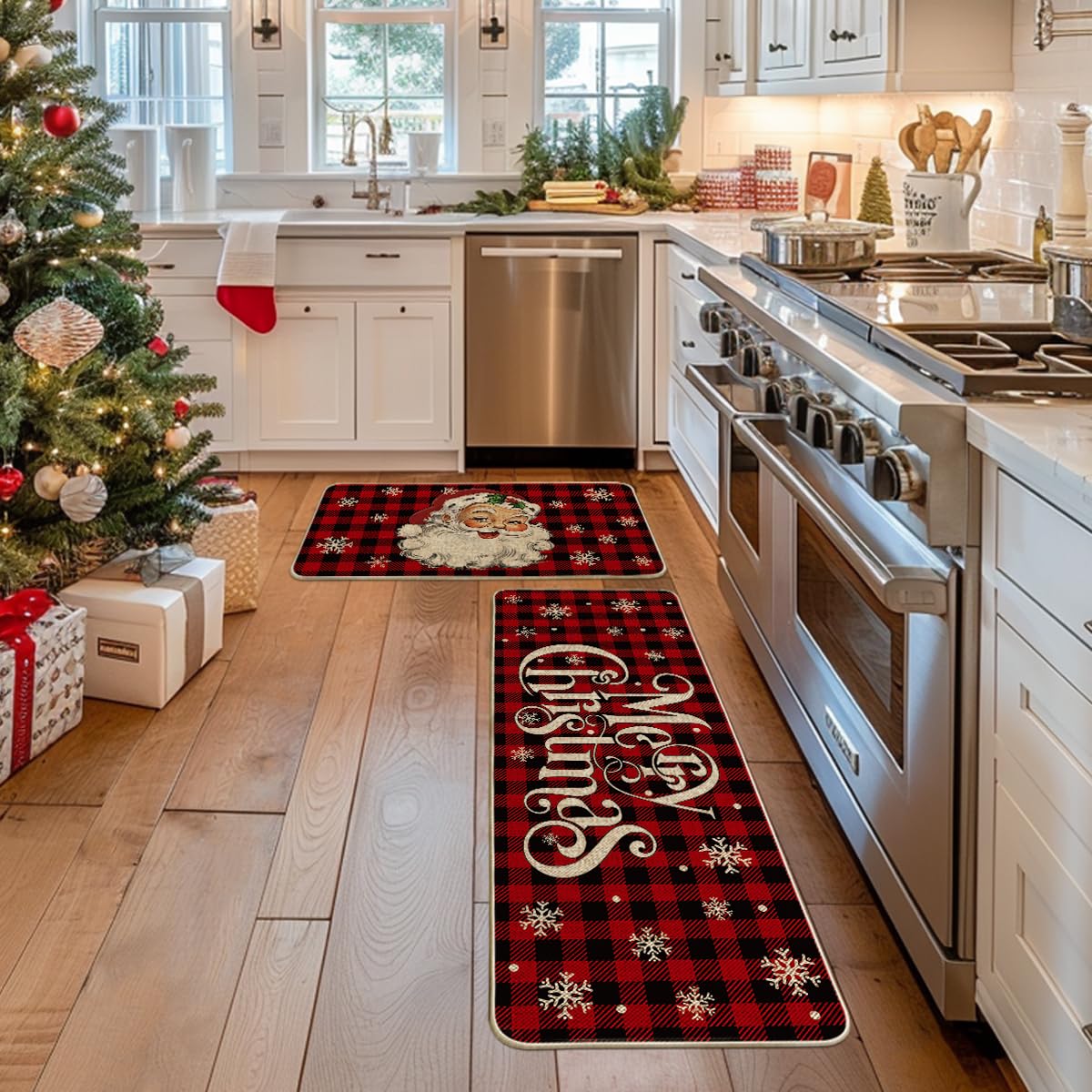 Artoid Mode Buffalo Plaid Snow Santa Claus Christmas Kitchen Rugs Set of 2, Winter Low-Profile Floor Mat Merry Christmas Decorations for Home Kitchen - 17x29 and 17x47 Inch