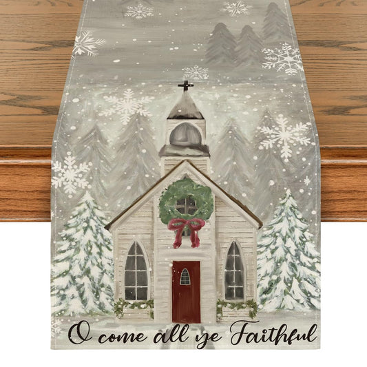 Artoid Mode Church Xmas Trees Snowflakes Merry Christmas Table Runner, Bow Tie Kitchen Dining Table Decoration for Outdoor Home Party 13x72 Inch