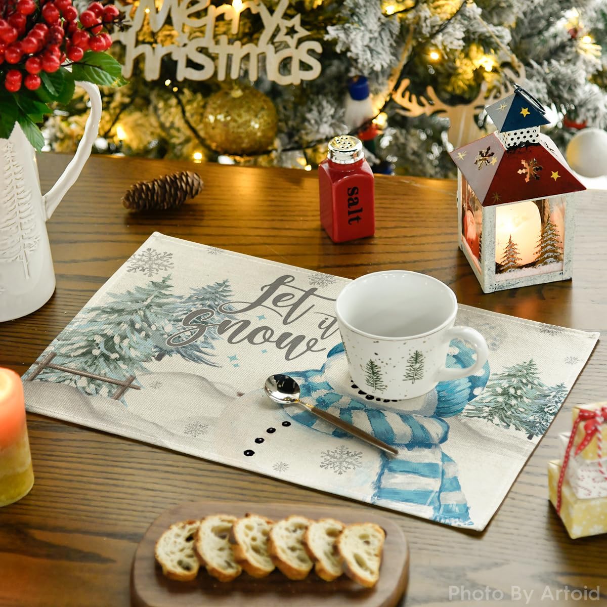 Artoid Mode Xmas Trees Let It Snow Blue Snowman Christmas Placemats Set of 4, 12x18 Inch Winter Table Mats for Party Kitchen Dining Decoration