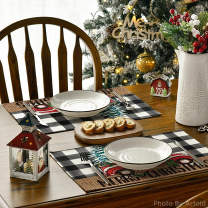 Artoid Mode Buffalo Plaid Truck Merry Christmas Placemats Set of 4, 12x18 Inch Xmas Tree Winter Table Mats for Party Kitchen Dining Decoration