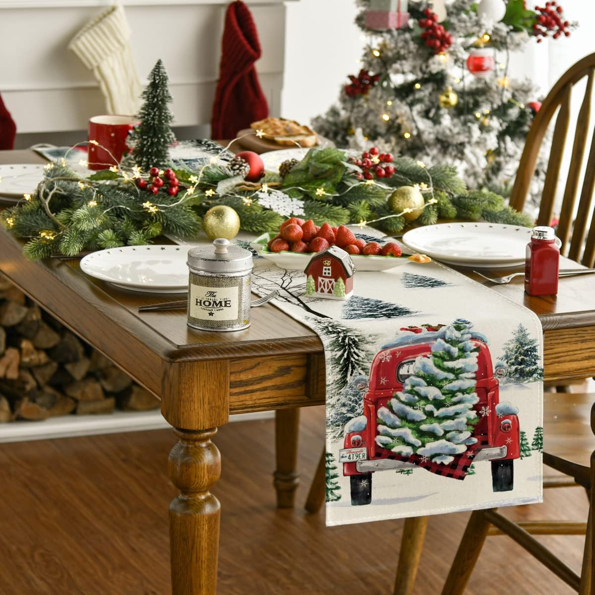 Artoid Mode Waterclor Snow Tree Truck Christmas Table Runner, Seasonal Winter Xmas Holiday Kitchen Dining Table Decoration for Indoor Outdoor Home Party Decor 13 x 72 Inch