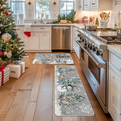 Artoid Mode Deer Tree Let It Sonw Snowflakes Christmas Kitchen Mats Set of 2, Winter Decor Low-Profile Kitchen Rugs for Floor - 17x29 and 17x47 Inch