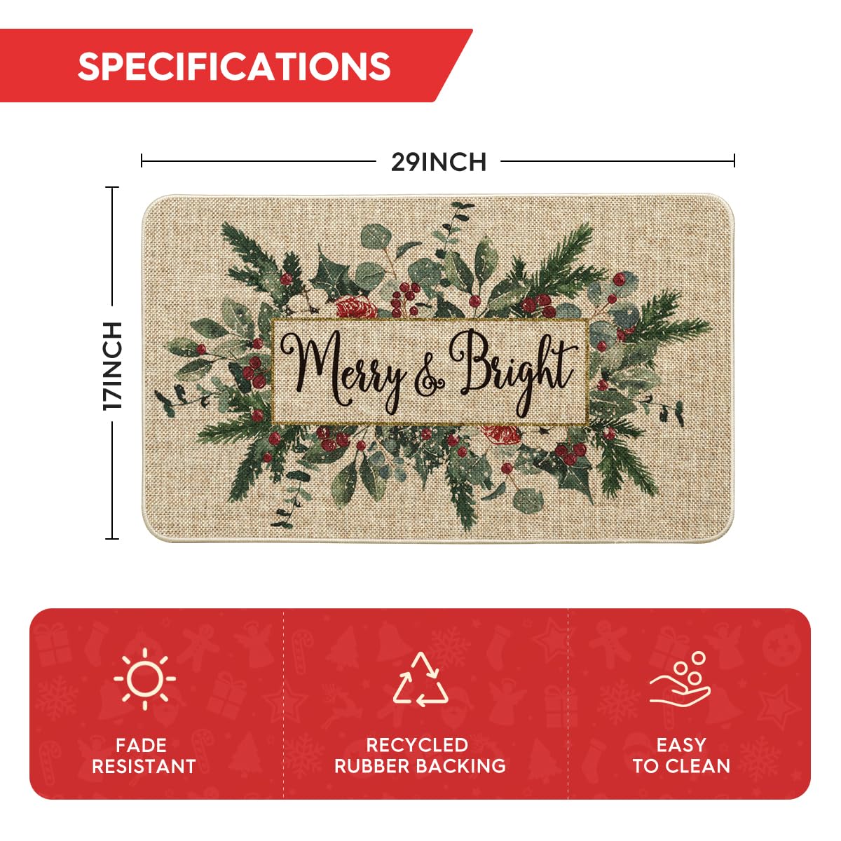 Artoid Mode Merry&Bright Eucalyptus Leaves Holly Christmas Doormat, Winter Xmas Home Decor Low-Profile Switch Rug Door Mat Floor Mat for Indoor Outdoor 17x29 Inch