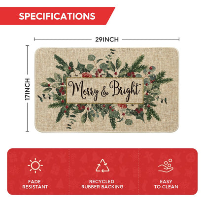 Artoid Mode Merry&Bright Eucalyptus Leaves Holly Christmas Doormat, Winter Xmas Home Decor Low-Profile Switch Rug Door Mat Floor Mat for Indoor Outdoor 17x29 Inch