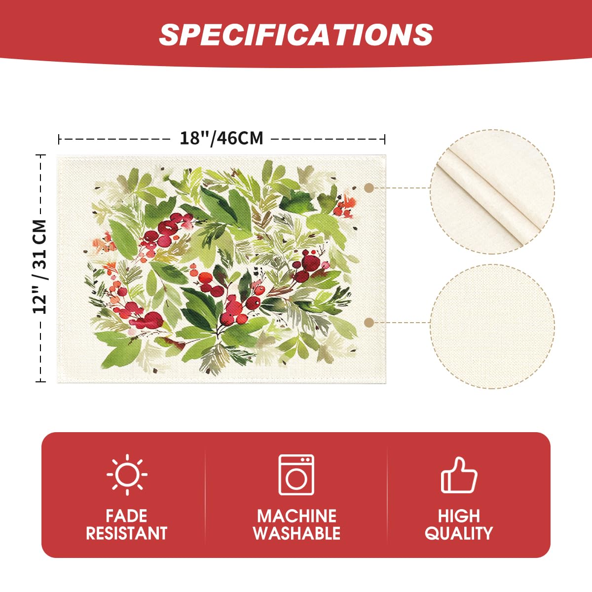 Artoid Mode Watercolor Holly Christmas Placemats Set of 4, 12x18 Inch Seasonal Winter Xmas Holiday Table Mats for Party Kitchen Dining Decoration