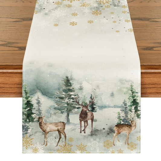 Artoid Mode Watercolor Deer Trees Snowflakes Christmas Table Runner, Seasonal Winter Xmas Holiday Kitchen Dining Table Decoration for Indoor Outdoor Home Party Decor 13 x 72 Inch