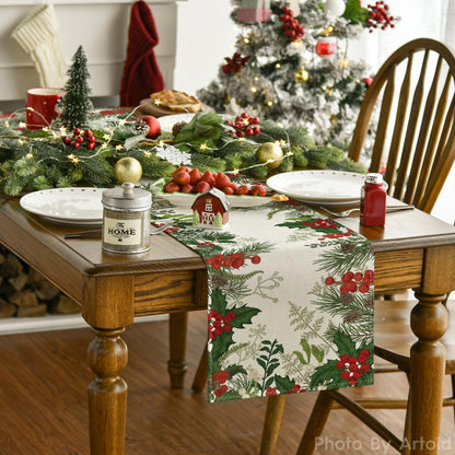 Artoid Mode Holly Pine Cone Christmas Table Runner, Seasonal Winter Kitchen Dining Table Decoration for Home Party Decor 13x72 Inch