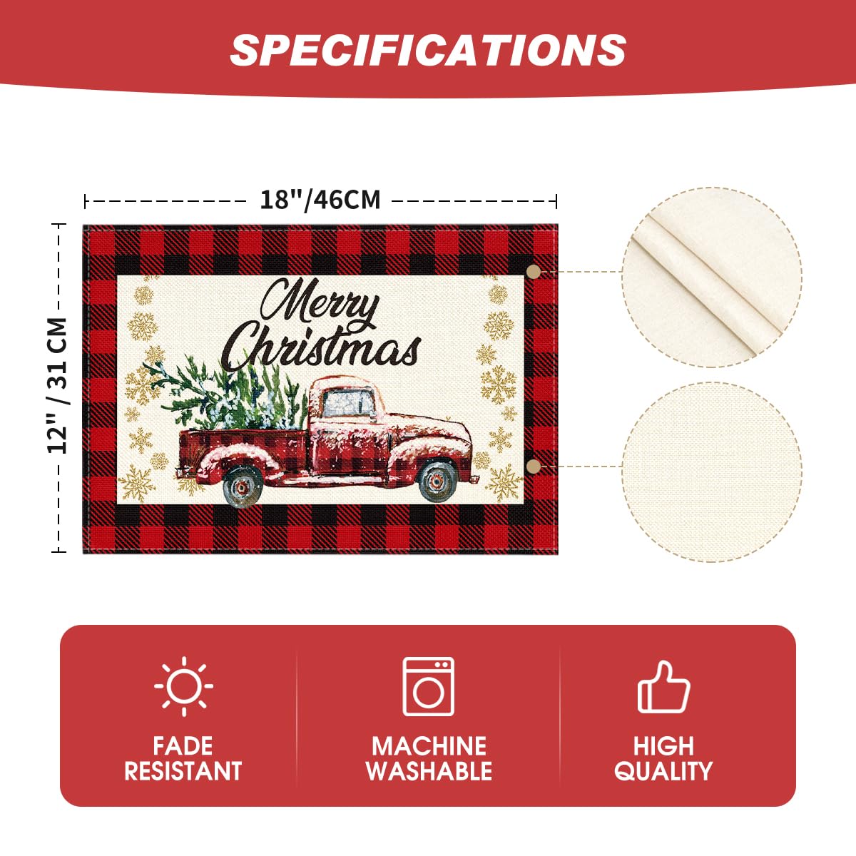 Artoid Mode Red and Black Buffalo Plaid Truck Merry Christmas Placemats Set of 4, 12x18 Inch Seasonal Winter Xmas Holiday Table Mats for Party Kitchen Dining Decoration