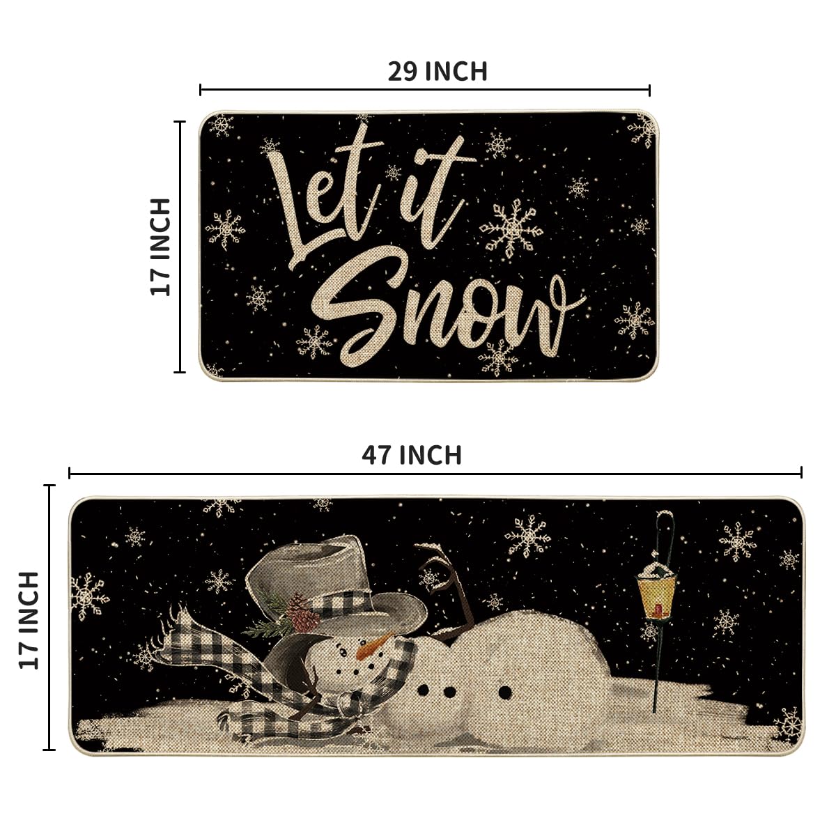 Artoid Mode Let It Snow Snowflake Snowman Light Christmas Decorative Kitchen Mats Set of 2, Home Party Low-Profile Kitchen Rugs - 17x29 and 17x47 Inch