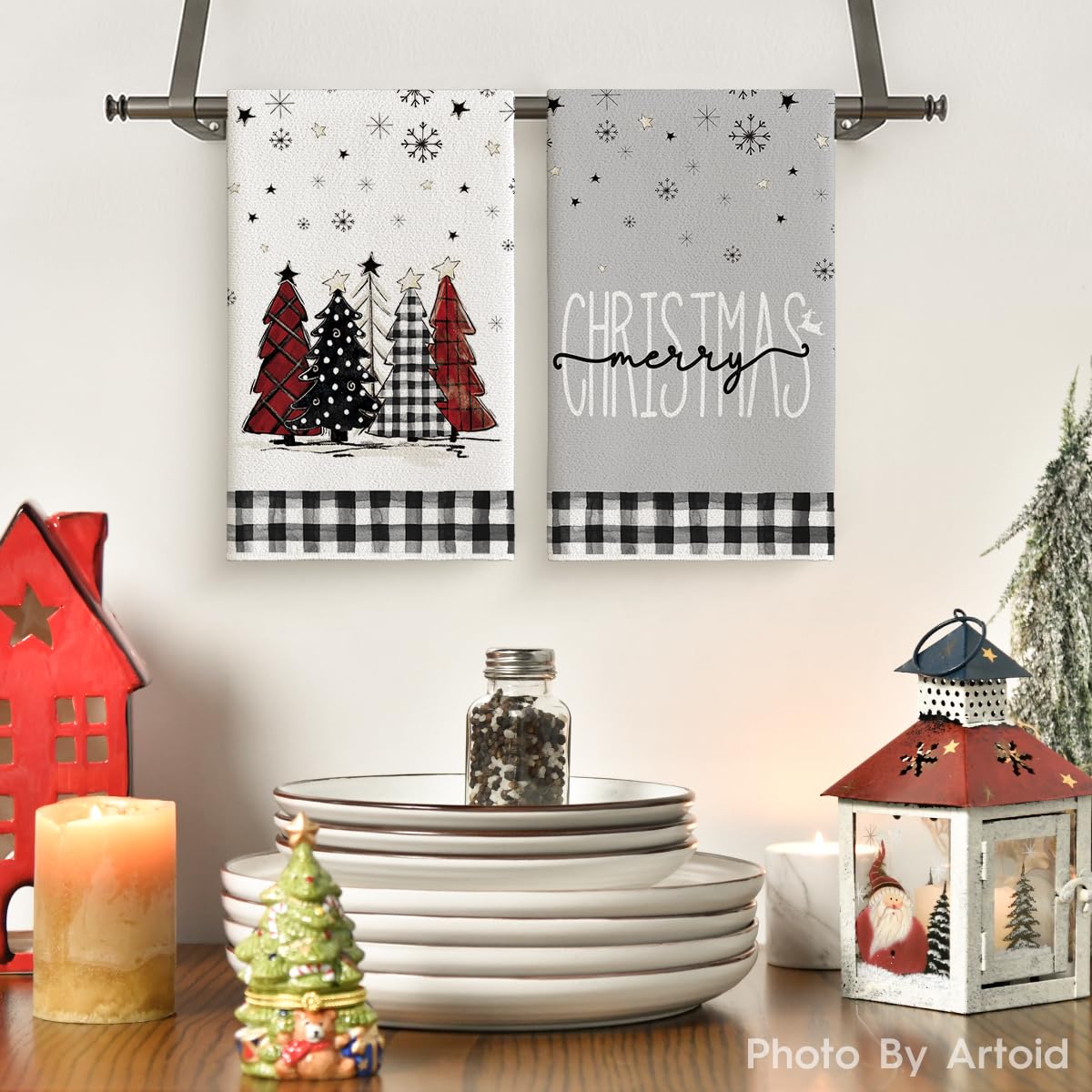 Artoid Mode Black White Buffalo Plaid Snowman Xmas Trees Christmas Kitchen Towels Dish Towels, 18x26 Inch Daily Winter Decoration Hand Towels Set of 4