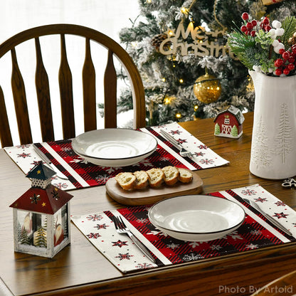 Artoid Mode Buffalo Plaid Snowflakes Winter Placemats Set of 4, 12x18 Inch Christmas Table Mats for Party Kitchen Dining Decoration