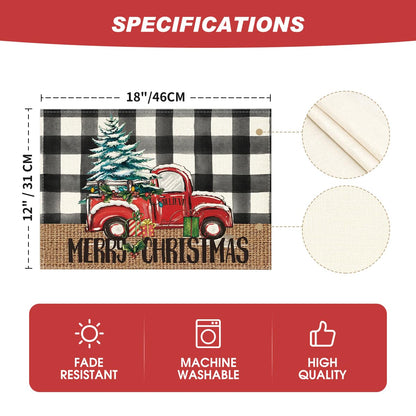 Artoid Mode Buffalo Plaid Truck Merry Christmas Placemats Set of 4, 12x18 Inch Xmas Tree Winter Table Mats for Party Kitchen Dining Decoration