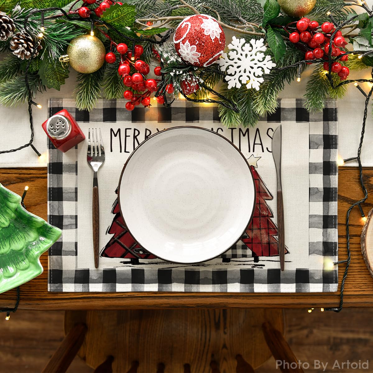 Artoid Mode Waterclor Buffalo Plaid Christmas Trees Placemats Set of 4, 12x18 Inch Winter Table Mats for Outdoor Home Party Kitchen Dining Decor