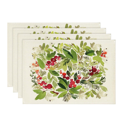 Artoid Mode Watercolor Holly Christmas Placemats Set of 4, 12x18 Inch Seasonal Winter Xmas Holiday Table Mats for Party Kitchen Dining Decoration