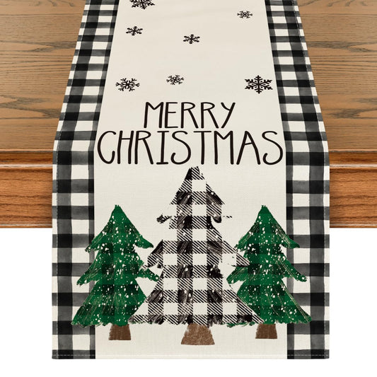 Artoid Mode Black White Buffalo Plaid Pine Trees Merry Christmas Table Runner, Winter Xmas Holiday Kitchen Dining Table Decoration for Home Party Decor 13 x 72 Inch