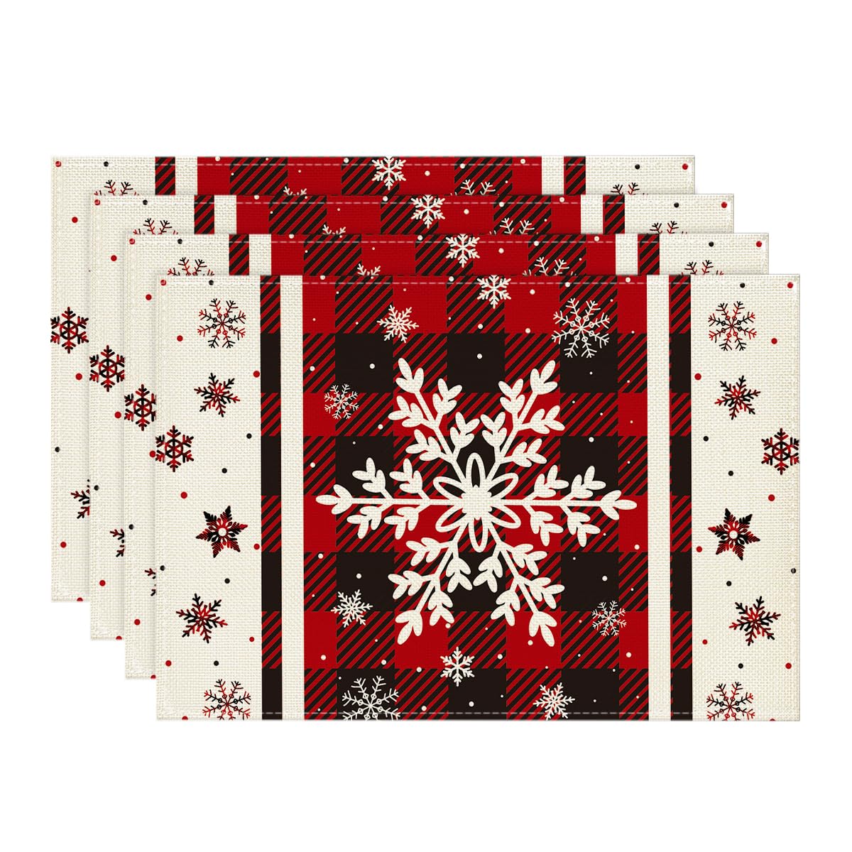 Artoid Mode Buffalo Plaid Snowflakes Winter Placemats Set of 4, 12x18 Inch Christmas Table Mats for Party Kitchen Dining Decoration