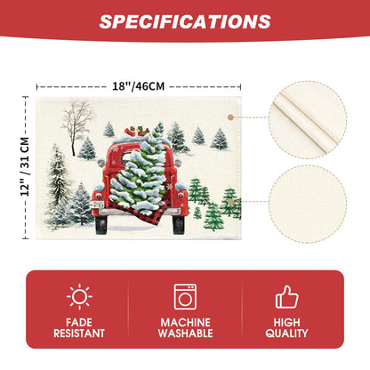 Artoid Mode Watercolor Snow Tree Truck Christmas Placemats Set of 4, 12x18 Inch Seasonal Winter Xmas Holiday Table Mats for Party Kitchen Dining Decoration