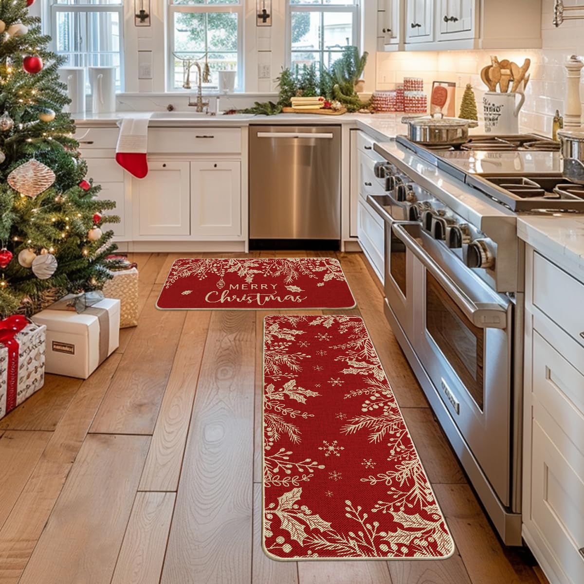 Artoid Mode Holly Pine Branches Leaves Merry Christmas Kitchen Mats Set of 2, Winter Decor Low-Profile Kitchen Rugs for Floor - 17x29 and 17x47 Inch