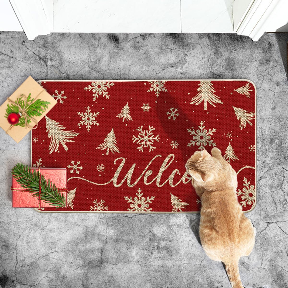 Artoid Mode Red Xmas Trees Christmas Welcome Doormat, Snowflake Winter Home Decor Low-Profile Switch Rug Door Mat Floor Mat for Indoor Outdoor 17x29 Inch