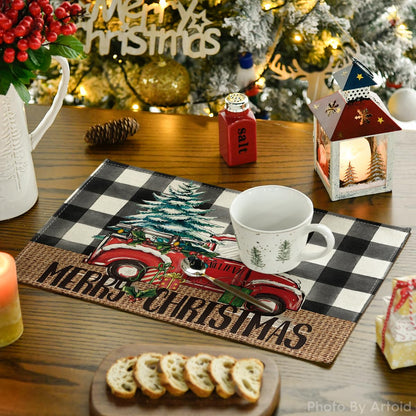 Artoid Mode Buffalo Plaid Truck Merry Christmas Placemats Set of 4, 12x18 Inch Xmas Tree Winter Table Mats for Party Kitchen Dining Decoration