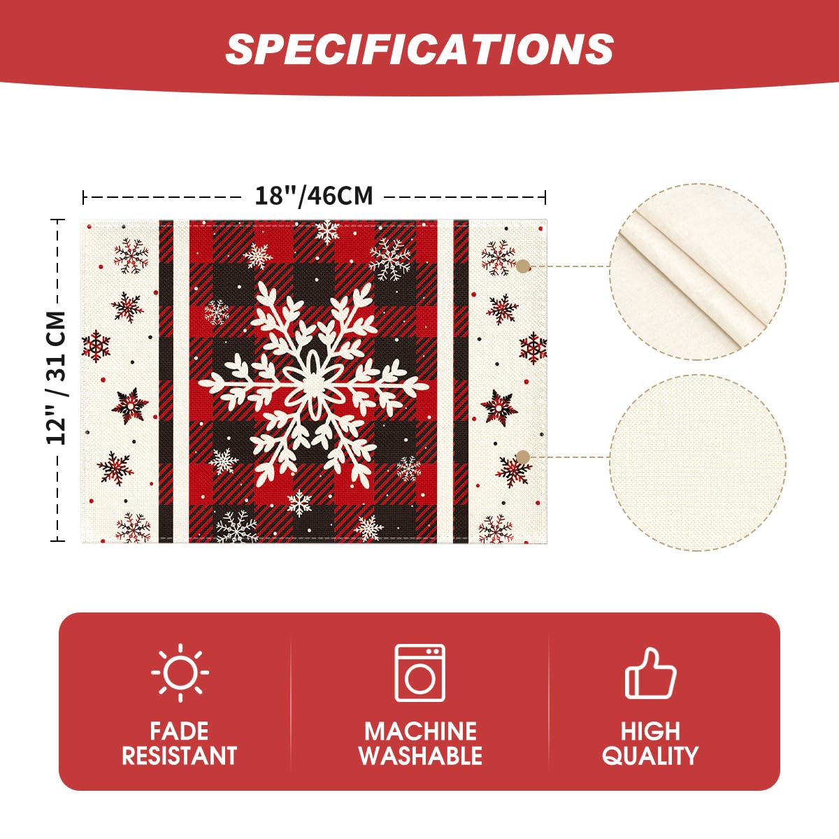 Artoid Mode Buffalo Plaid Snowflakes Winter Placemats Set of 4, 12x18 Inch Christmas Table Mats for Party Kitchen Dining Decoration