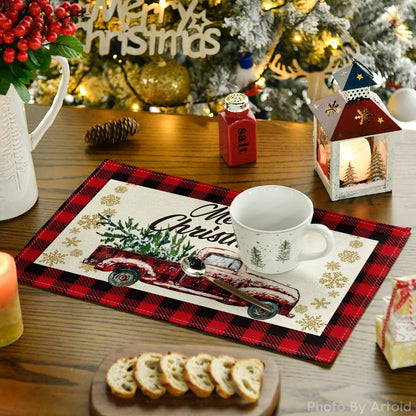 Artoid Mode Red and Black Buffalo Plaid Truck Merry Christmas Placemats Set of 4, 12x18 Inch Seasonal Winter Xmas Holiday Table Mats for Party Kitchen Dining Decoration