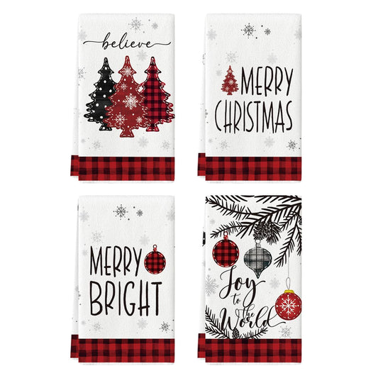 Artoid Mode Red Black Xmas Trees Cross Ball Stripes Believe Merry Christmas Kitchen Towels Dish Towels, 18x26 Inch Winter Decoration Hand Towels Set of 4