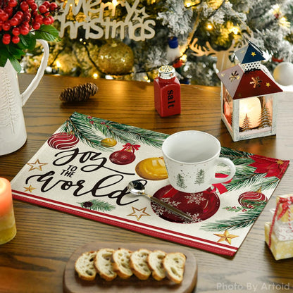 Artoid Mode Joy to The World Xmas Red Balls Christmas Placemats Set of 4, 12x18 Inch Seasonal Winter Pine Cone Table Mats for Party Kitchen Dining Decoration