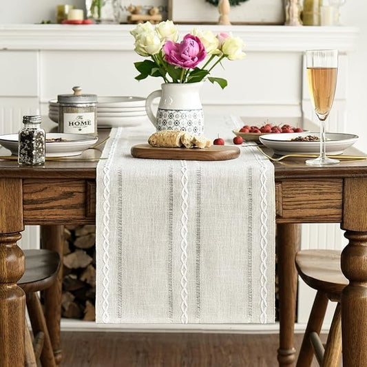 Linen Table Runner for Dining Table 13 x 72 Inch Ivory Burlap Linen Style Rustic Farmhouse Kitchen Dining Room Decoraton