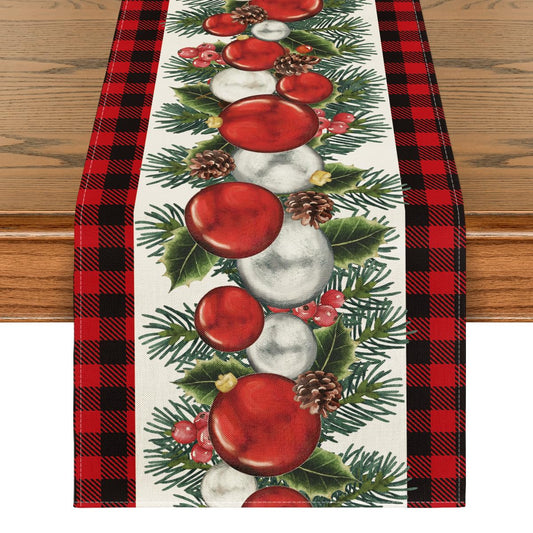 Artoid Mode Red Black Buffalo Plaid Xmas Balls Holly Christmas Table Runner, Winter Kitchen Dining Table Decoration for Outdoor Home Party 13x72 Inch