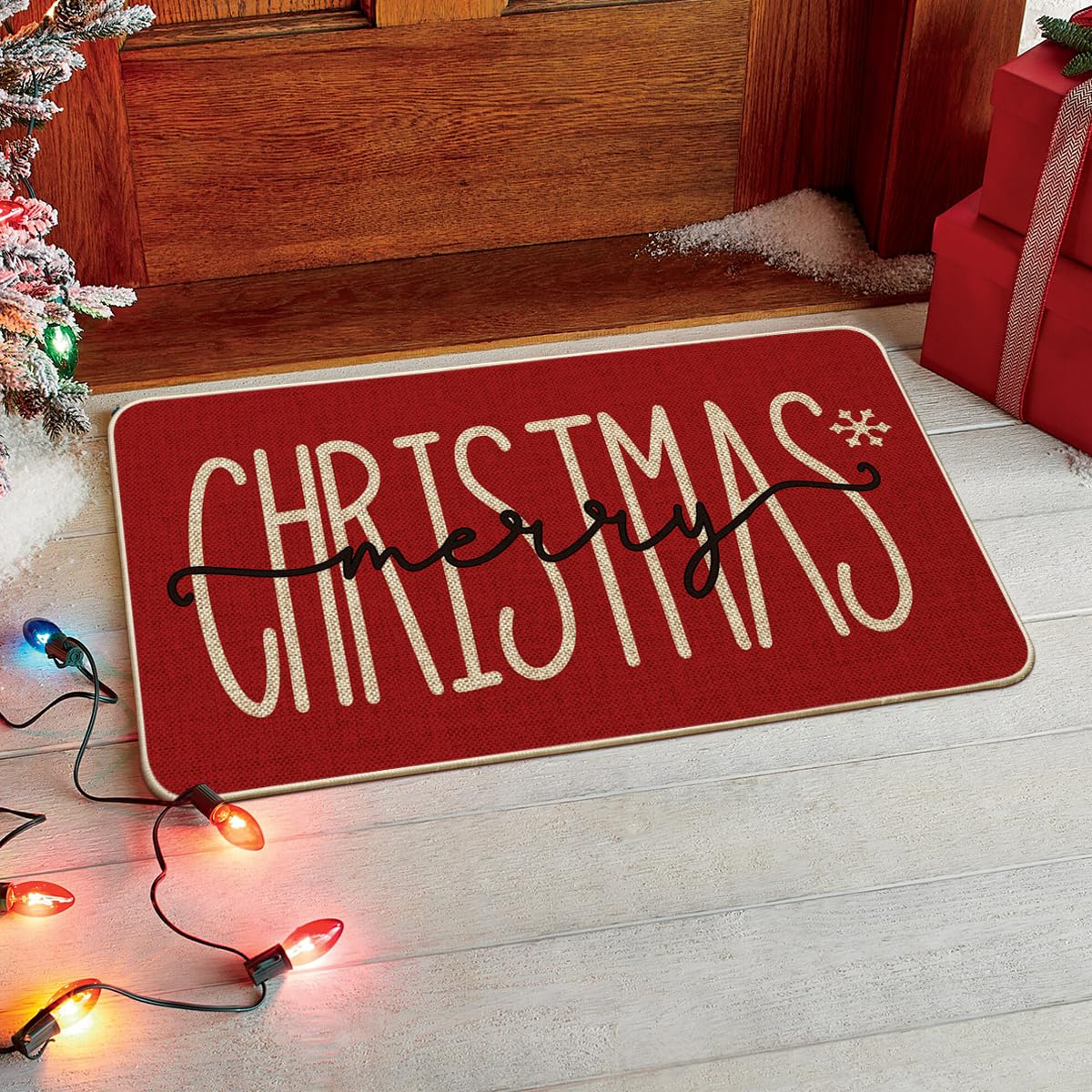 Artoid Mode Red Merry Christmas Snowflake Welcome Decorative Doormat, Seasonal Winter Low-Profile Floor Rug Switch Mat for Outdoor 17x29 Inch