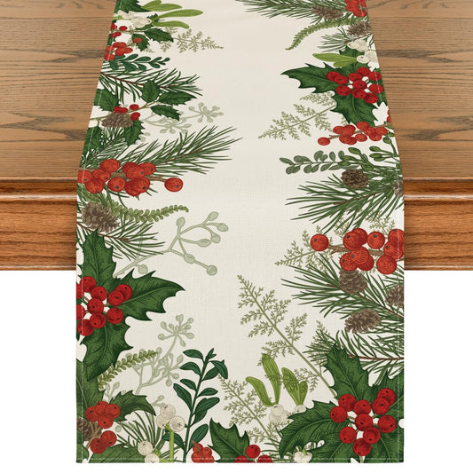 Artoid Mode Holly Pine Cone Christmas Table Runner, Seasonal Winter Kitchen Dining Table Decoration for Home Party Decor 13x72 Inch