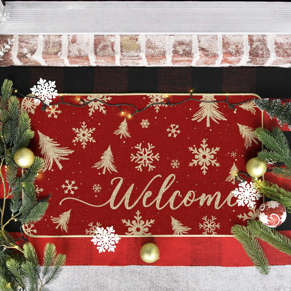 Artoid Mode Red Xmas Trees Christmas Welcome Doormat, Snowflake Winter Home Decor Low-Profile Switch Rug Door Mat Floor Mat for Indoor Outdoor 17x29 Inch