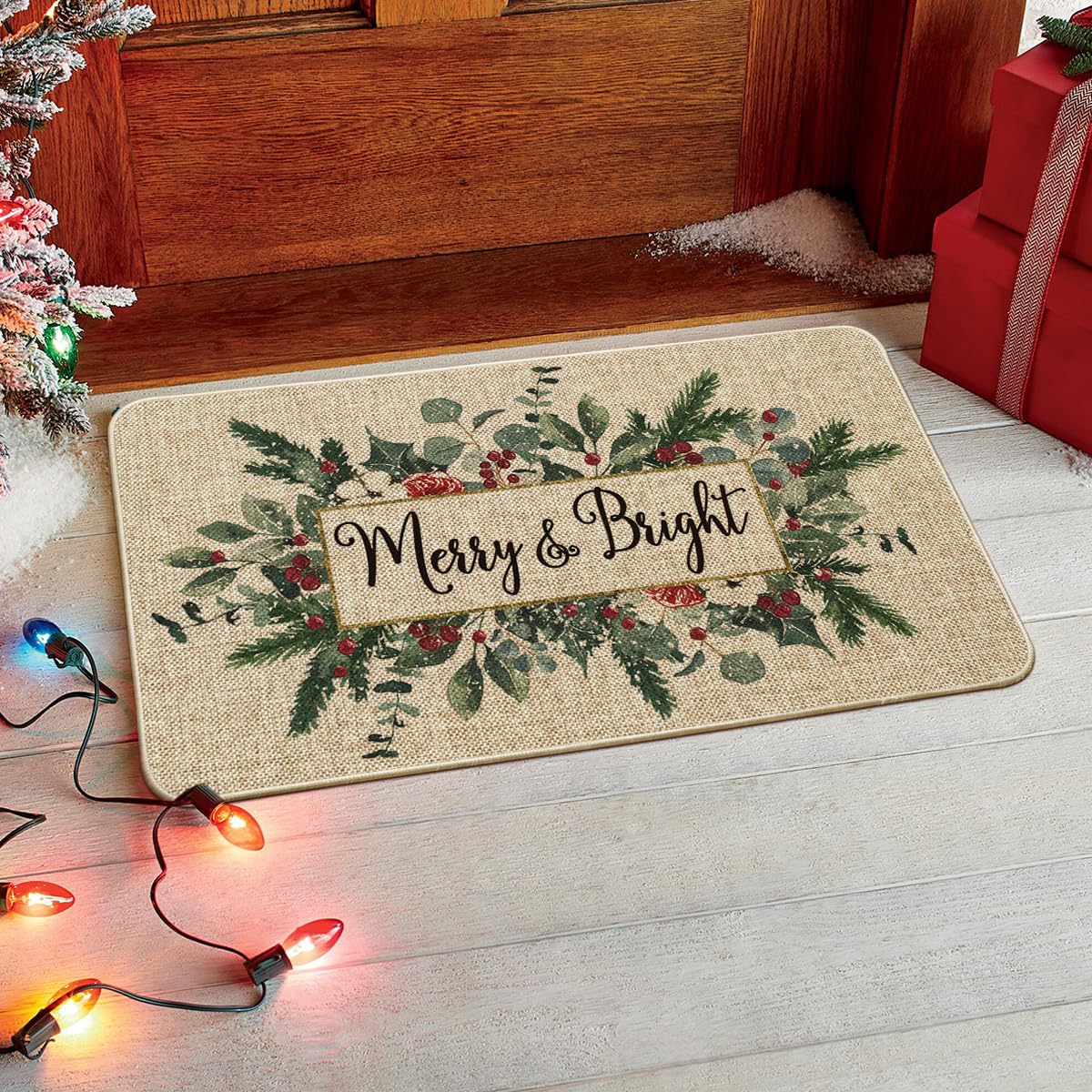 Artoid Mode Merry&Bright Eucalyptus Leaves Holly Christmas Doormat, Winter Xmas Home Decor Low-Profile Switch Rug Door Mat Floor Mat for Indoor Outdoor 17x29 Inch