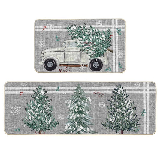 Artoid Mode Truck Pine Holly Stripes Christmas Decorative Kitchen Mats Set of 2, Home Decor Party Low-Profile Kitchen Rugs - 17x29 and 17x47 Inch