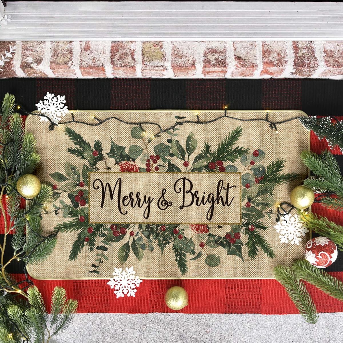 Artoid Mode Merry&Bright Eucalyptus Leaves Holly Christmas Doormat, Winter Xmas Home Decor Low-Profile Switch Rug Door Mat Floor Mat for Indoor Outdoor 17x29 Inch