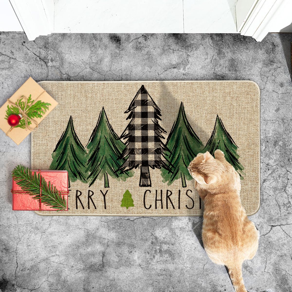 Artoid Mode Merry Christmas Trees Christmas Decorative Doormat, Seasonal Winter Christmas Holiday Low-Profile Floor Mat Switch Mat for Indoor Outdoor 17 x 29 Inch