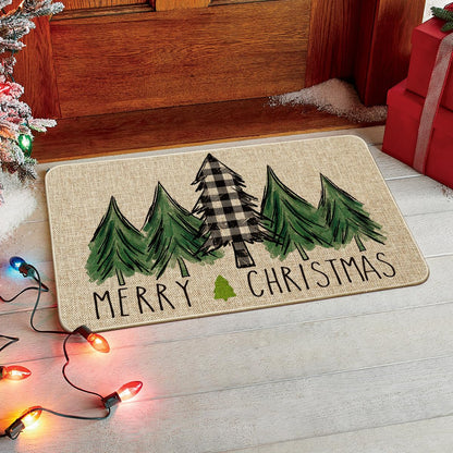 Artoid Mode Merry Christmas Trees Christmas Decorative Doormat, Seasonal Winter Christmas Holiday Low-Profile Floor Mat Switch Mat for Indoor Outdoor 17 x 29 Inch