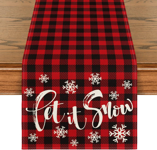 Artoid Mode Red and Black Buffalo Plaid Let It Snow Table Runner, Seasonal Winter Christmas Holiday Kitchen Dining Table Decoration for Indoor Outdoor Home Party Decor 13 x 72 Inch