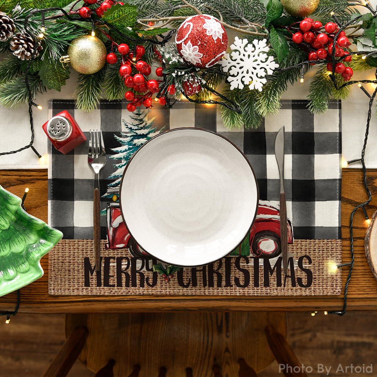 Artoid Mode Buffalo Plaid Truck Merry Christmas Placemats Set of 4, 12x18 Inch Xmas Tree Winter Table Mats for Party Kitchen Dining Decoration