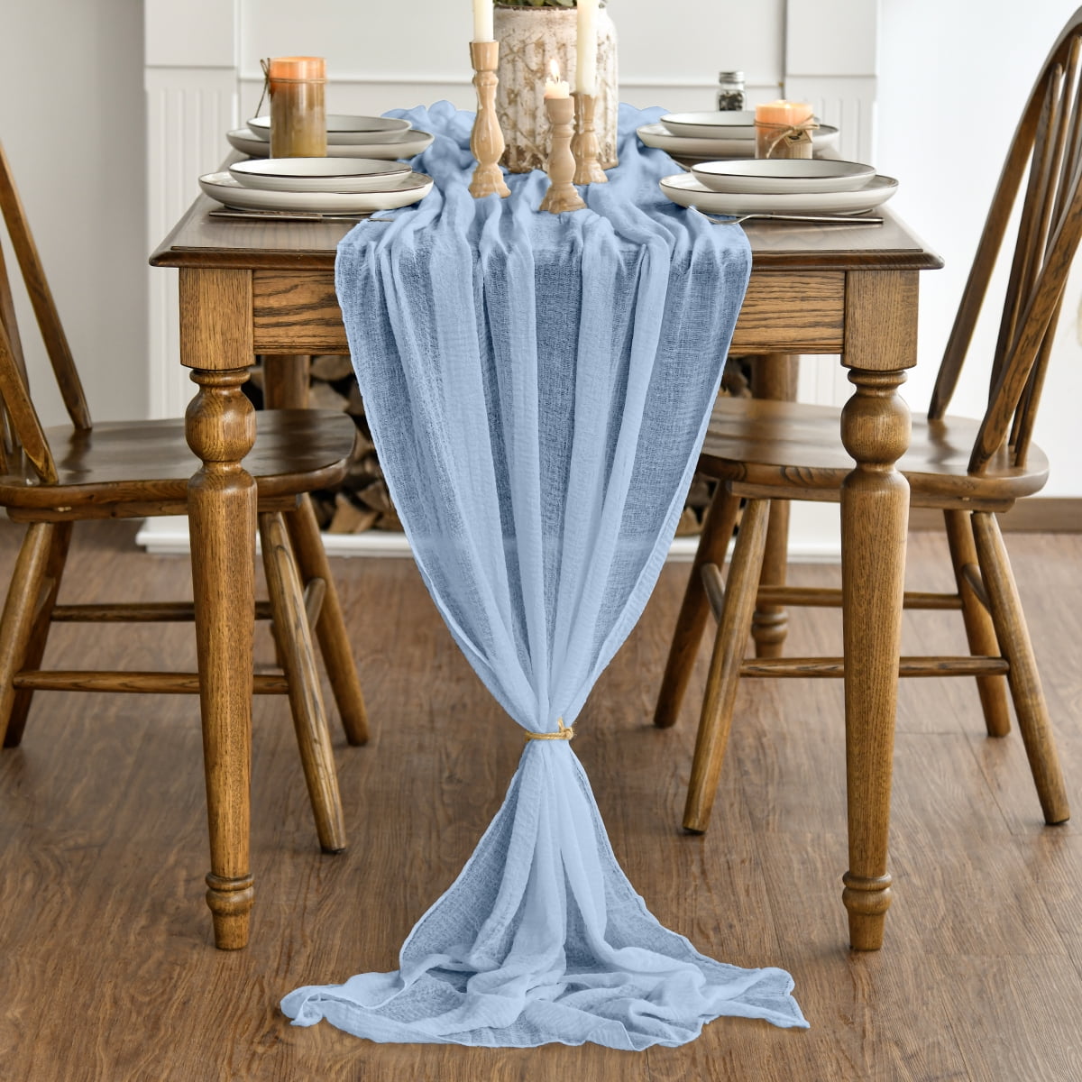 Ice Blue Cheesecloth Table Runner, 31 x 118 Inch Rustic Gauze Boho Tablecloth for Bridal Shower Wedding Party Table Decoration