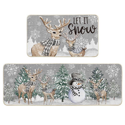 Artoid Mode Deer Tree Let It Sonw Snowflakes Christmas Kitchen Mats Set of 2, Winter Decor Low-Profile Kitchen Rugs for Floor - 17x29 and 17x47 Inch