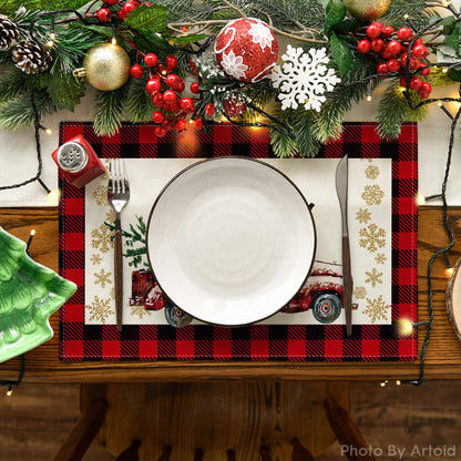 Artoid Mode Red and Black Buffalo Plaid Truck Merry Christmas Placemats Set of 4, 12x18 Inch Seasonal Winter Xmas Holiday Table Mats for Party Kitchen Dining Decoration