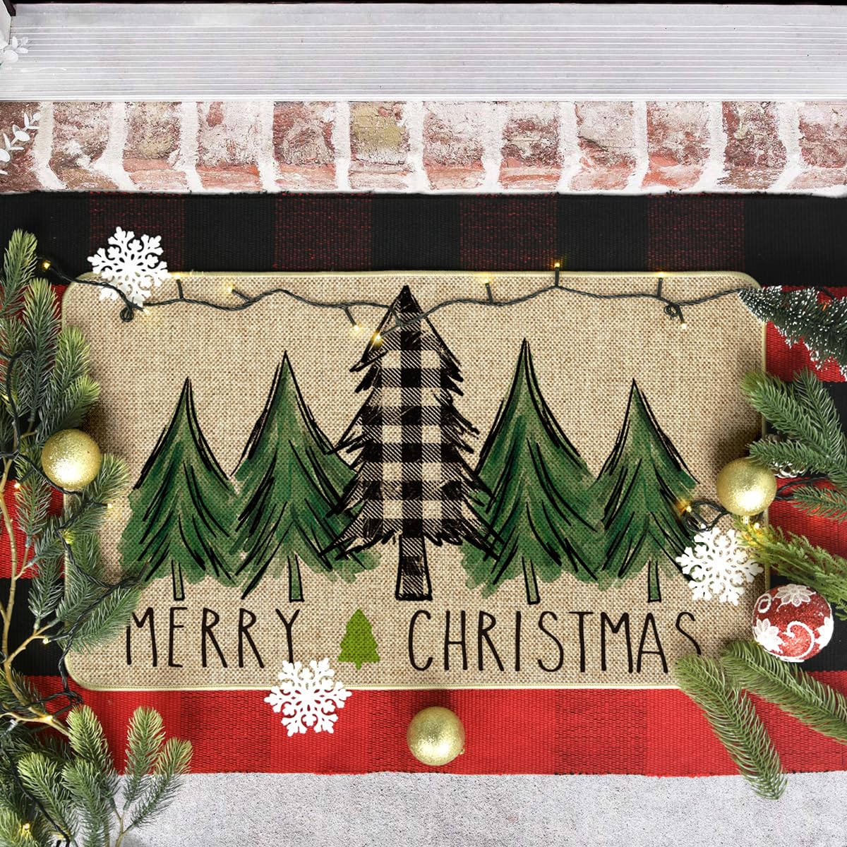 Artoid Mode Merry Christmas Trees Christmas Decorative Doormat, Seasonal Winter Christmas Holiday Low-Profile Floor Mat Switch Mat for Indoor Outdoor 17 x 29 Inch