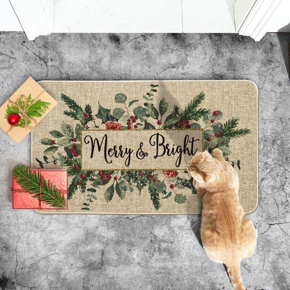 Artoid Mode Merry&Bright Eucalyptus Leaves Holly Christmas Doormat, Winter Xmas Home Decor Low-Profile Switch Rug Door Mat Floor Mat for Indoor Outdoor 17x29 Inch