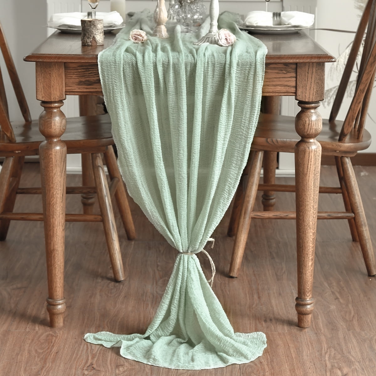 Sage Green Cheesecloth Table Runner, 35 x 118 Inch Rustic Gauze Boho Tablecloth for Bridal Shower Wedding Party Table Decoration