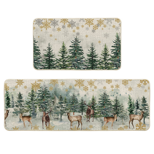 Artoid Mode Xmas Trees Deer Snowflakes Christmas Kitchen Mats Set of 2, Winter Home Decor Low-Profile Kitchen Rugs for Floor - 17x29 and 17x47 Inch