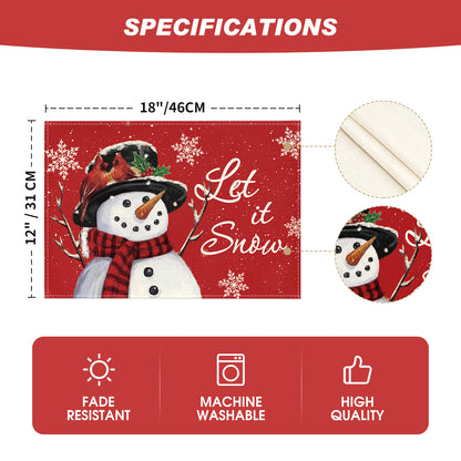 Artoid Mode Red Snowman Let It Snow Winter Placemats Set of 4, 12x18 Inch Seasonal Christmas Holiday Table Mats for Party Kitchen Dining Decoration